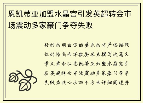 恩凯蒂亚加盟水晶宫引发英超转会市场震动多家豪门争夺失败