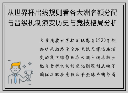 从世界杯出线规则看各大洲名额分配与晋级机制演变历史与竞技格局分析
